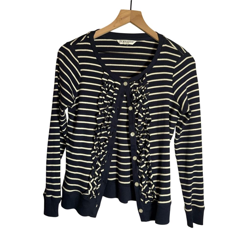 PENDLETON Ribbed Navy and White Striped Ruffle-Front Cardigan M
